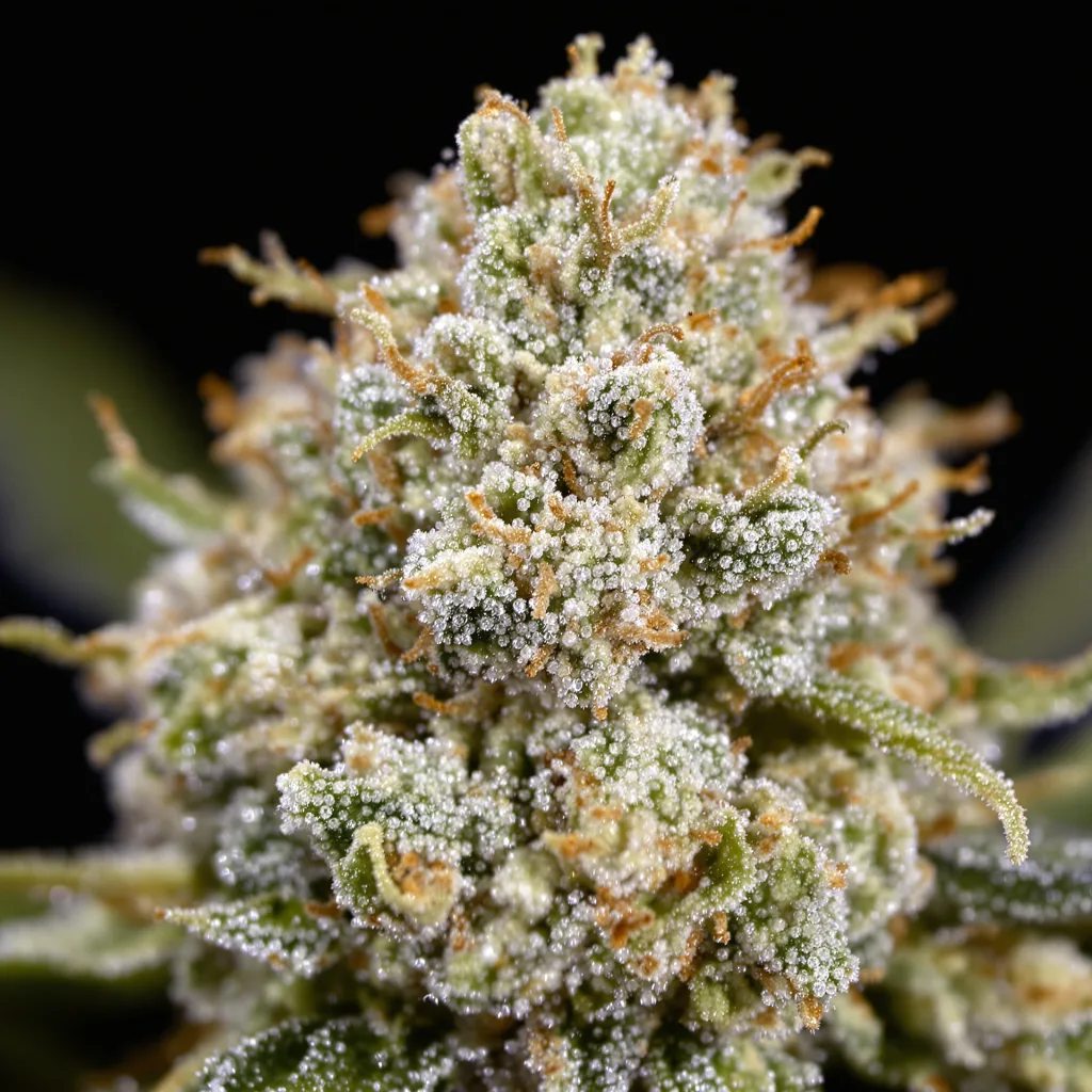CBD Stress Killer cannabis bud close-up showing pale-green low-resin flower