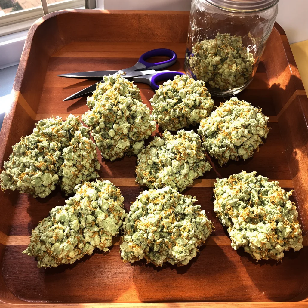 CBD Therapy 41% indica / 59% sativa flower with visible trichomes
