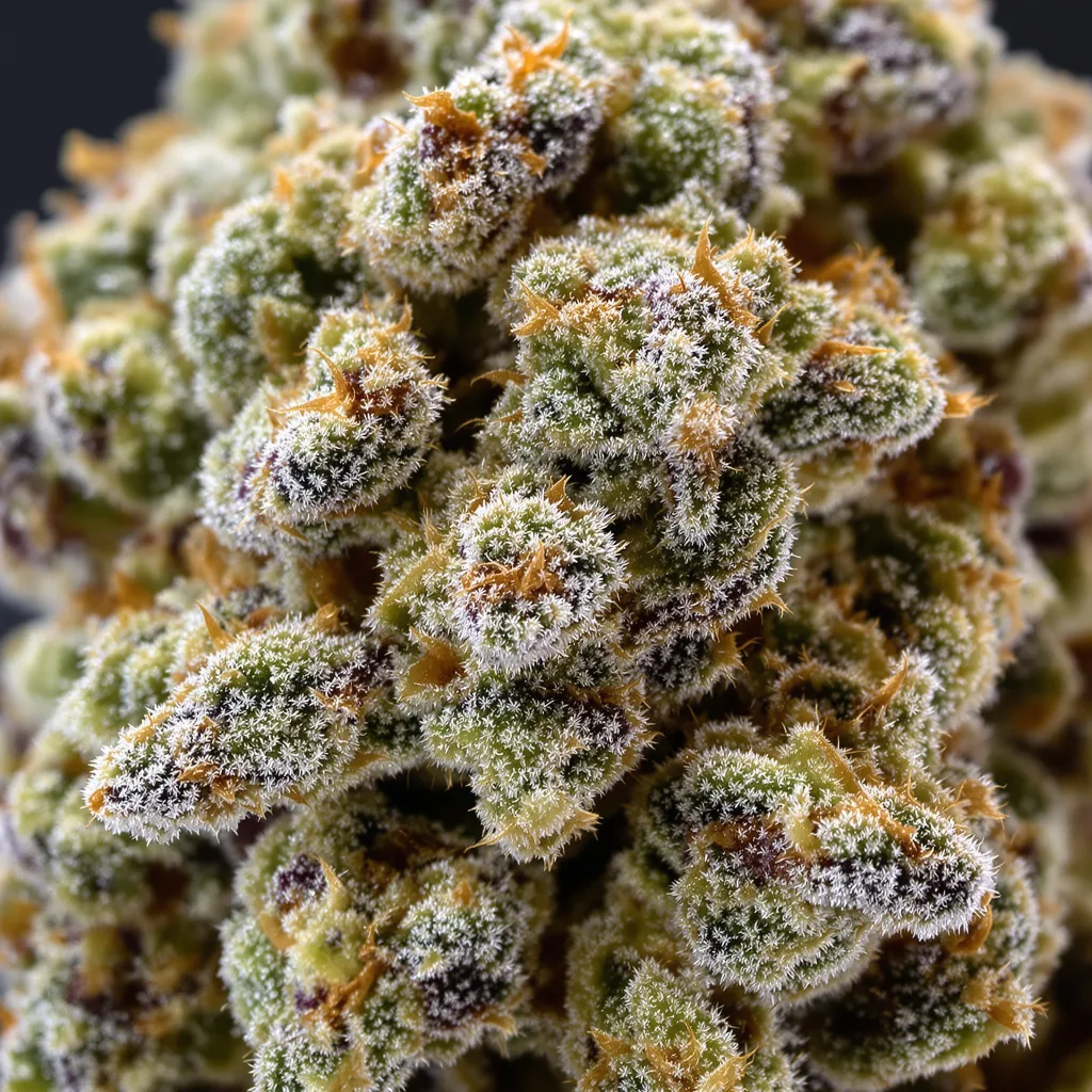 Champagne Kush cannabis bud close-up showing balanced bud structure with frosted trichomes