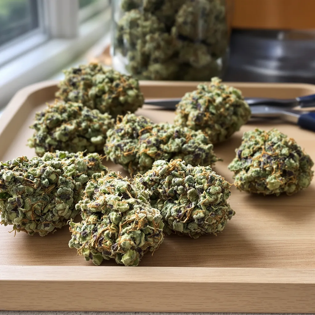 Chem D.O.G. 55% indica / 45% sativa flower with visible trichomes
