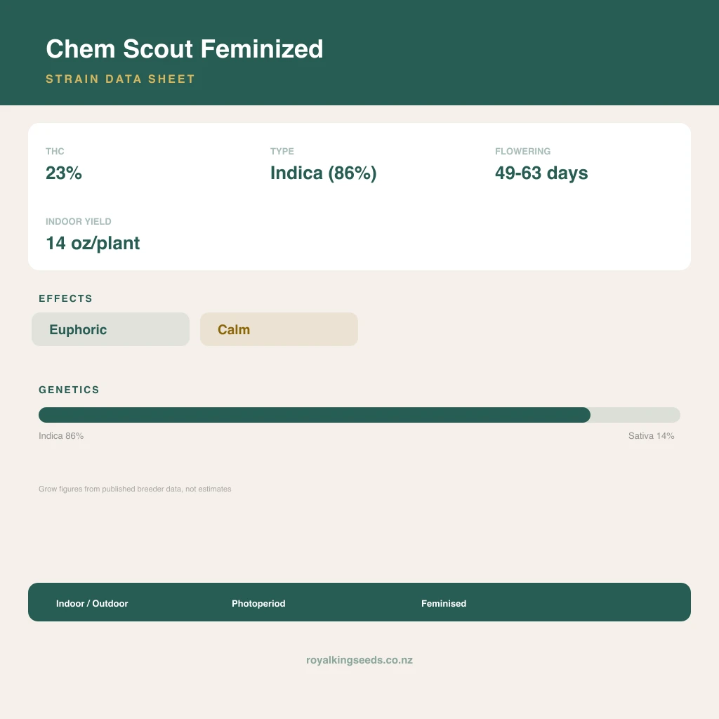 Chem Scout 86% indica / 14% sativa flower with visible trichomes