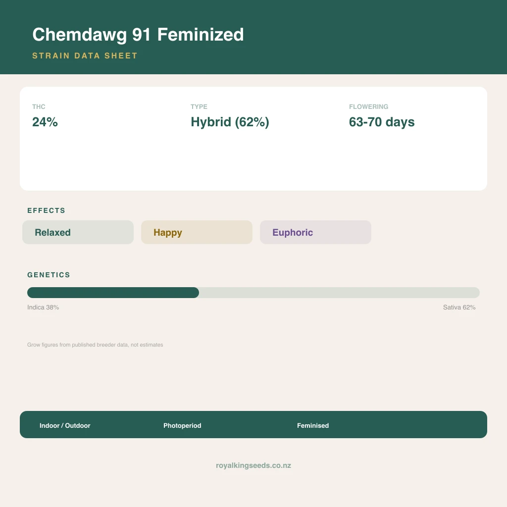 Chemdawg 91 38% indica / 62% sativa flower with visible trichomes