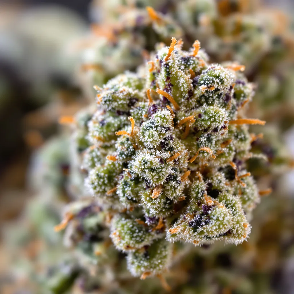 Chemdawg Sour Diesel cannabis bud close-up showing open-bud structure with orange pistils