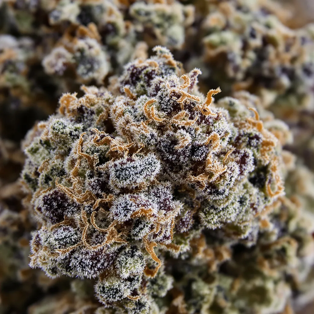 Chocolate Kush cannabis bud close-up showing dense purple-tinged calyxes