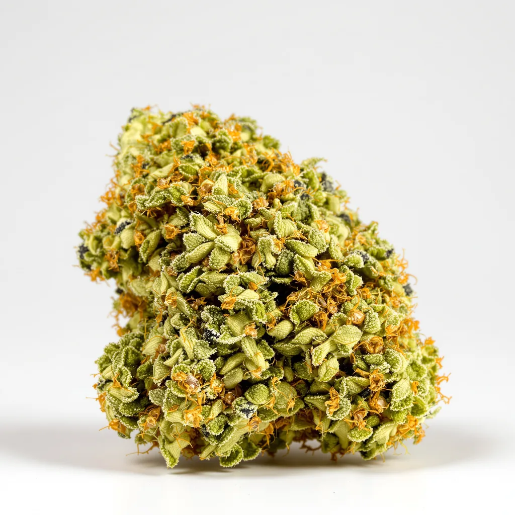 Chocolate Orange 10% indica / 90% sativa flower with visible trichomes