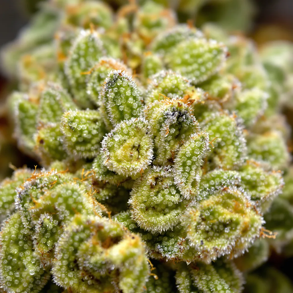 Chocolate Thai cannabis bud close-up showing lime-green airy structure