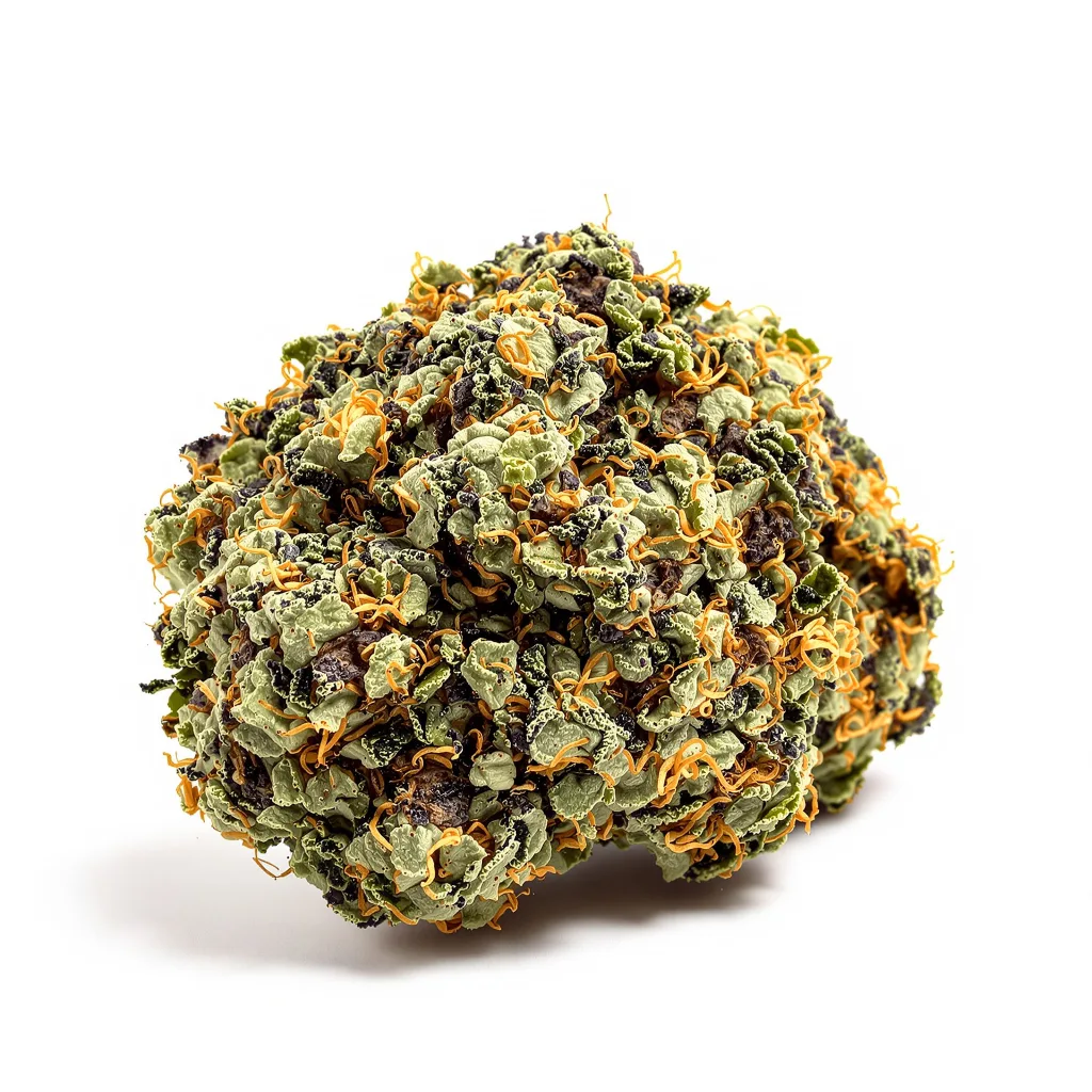 Cluster Bomb 79% indica / 21% sativa flower with visible trichomes