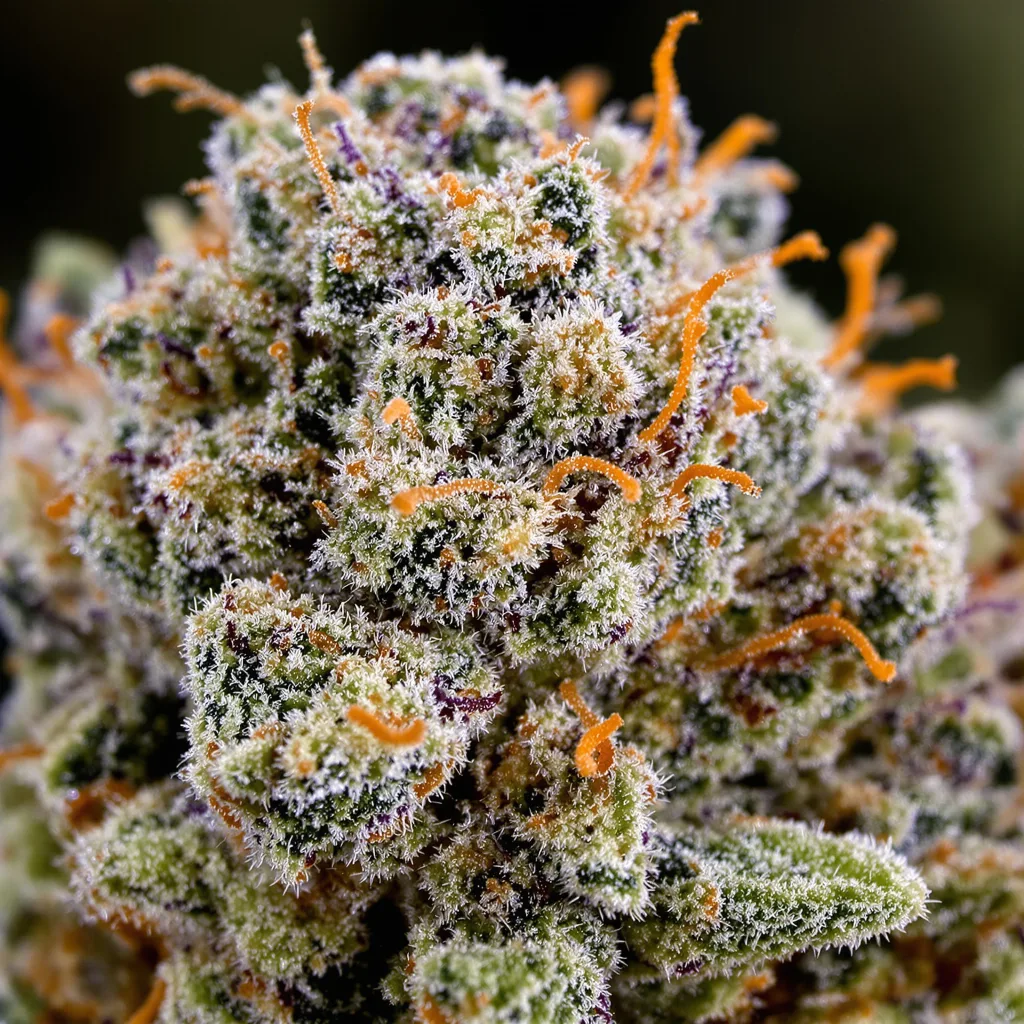 Colombian Gold cannabis bud close-up showing open-bud structure with orange pistils