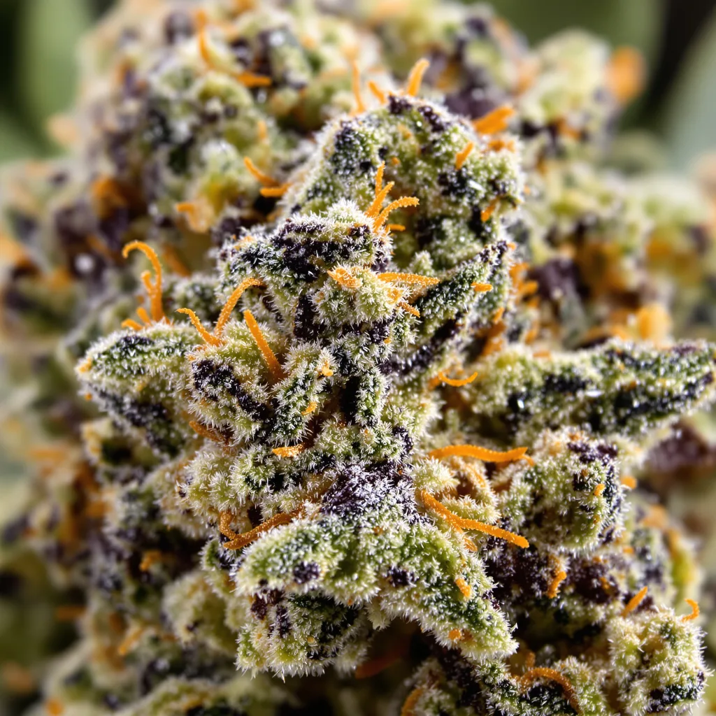 Confidential Cheese cannabis bud close-up showing dense purple-tinged calyxes
