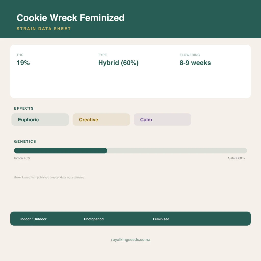 Cookie Wreck 40% indica / 60% sativa flower with visible trichomes