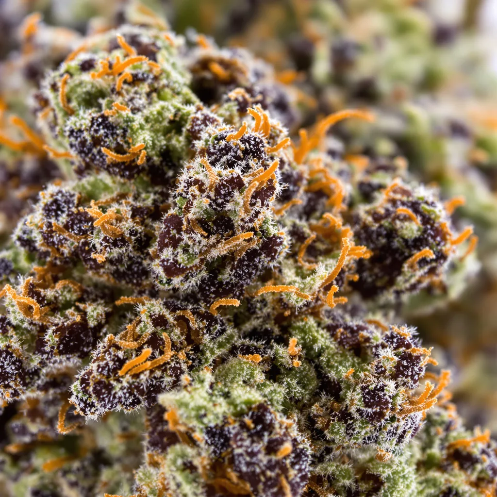 Cookies Kush cannabis bud close-up showing dense purple-tinged calyxes