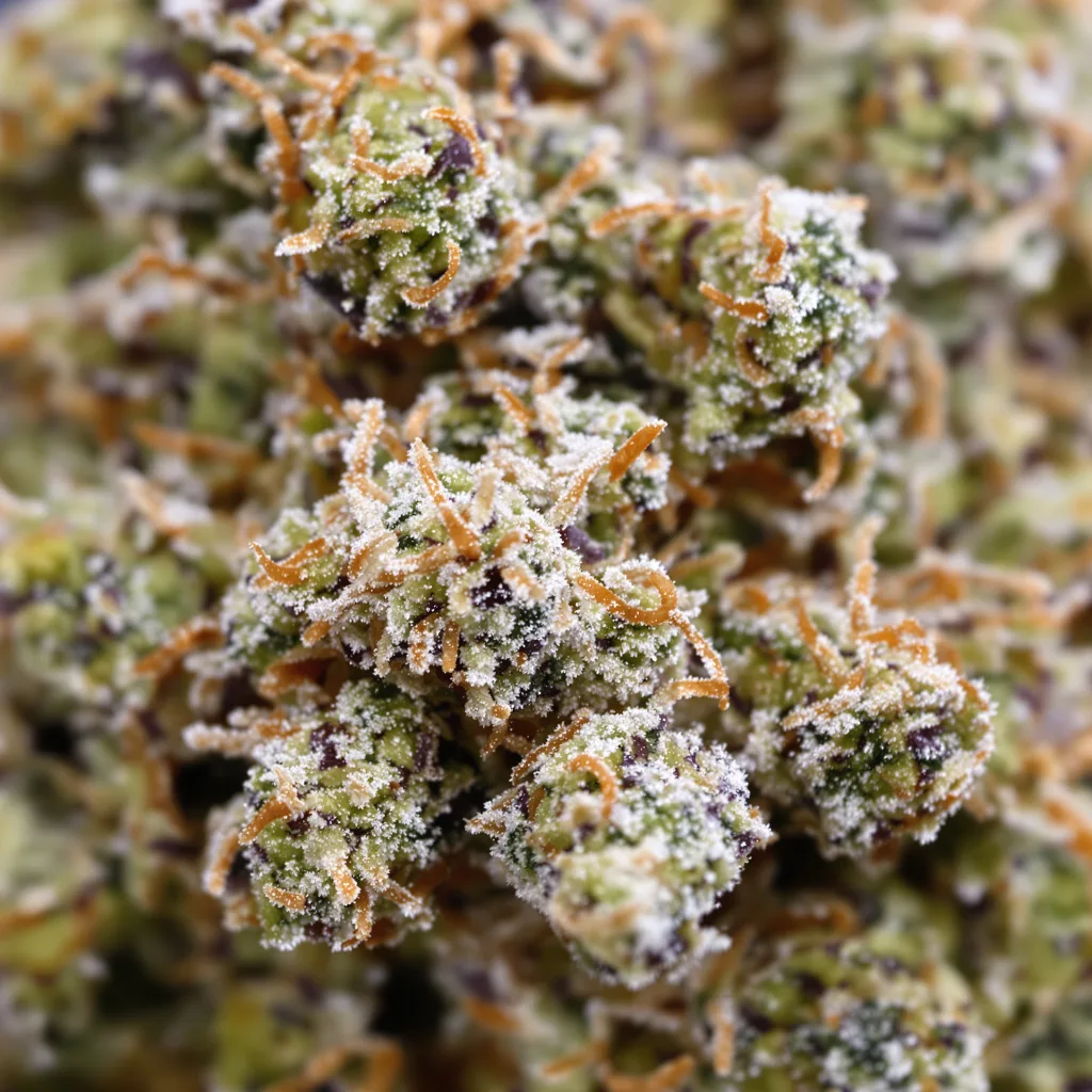 Corleone Kush cannabis bud close-up showing balanced bud structure with frosted trichomes