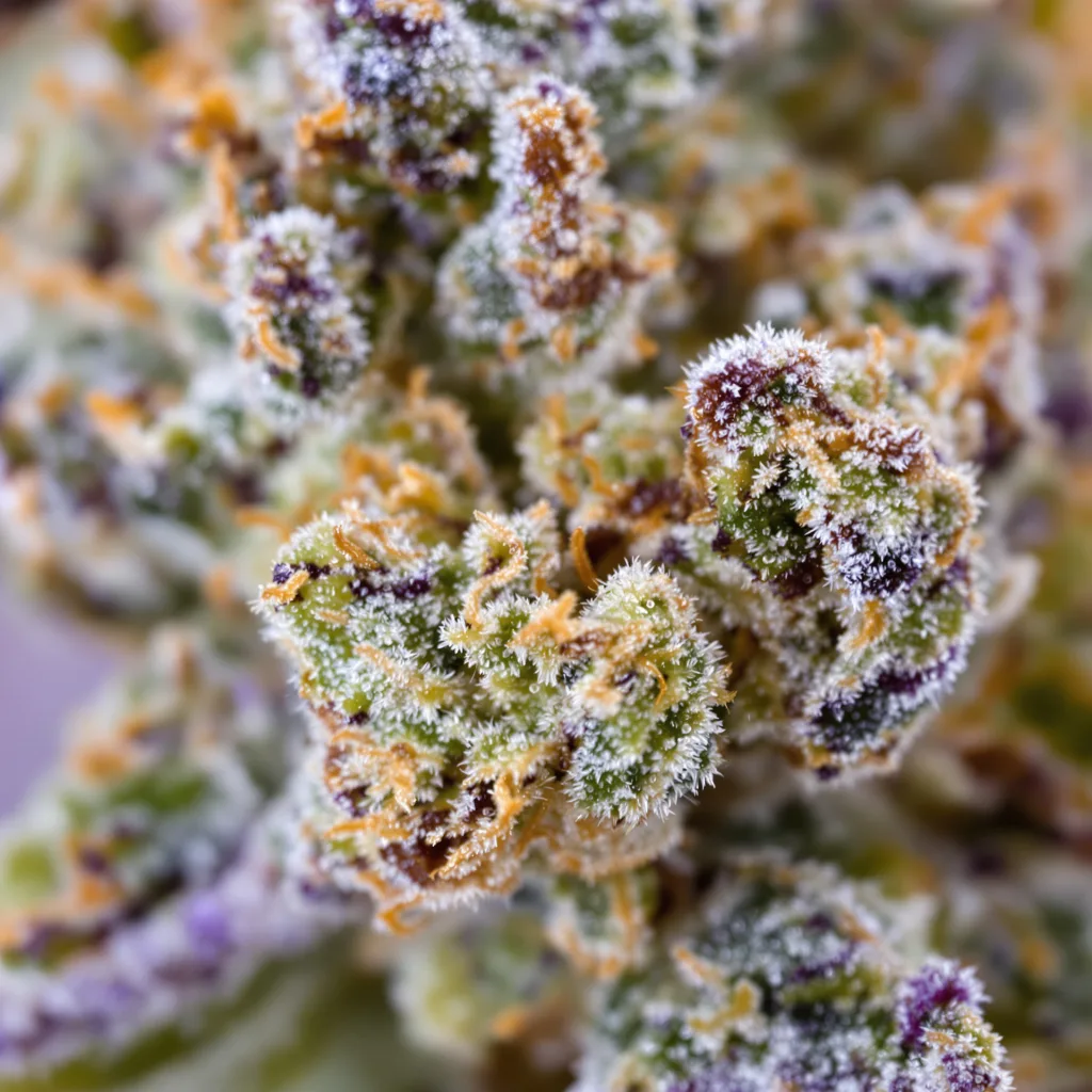 Cotton Candy Kush cannabis bud close-up showing balanced bud structure with frosted trichomes