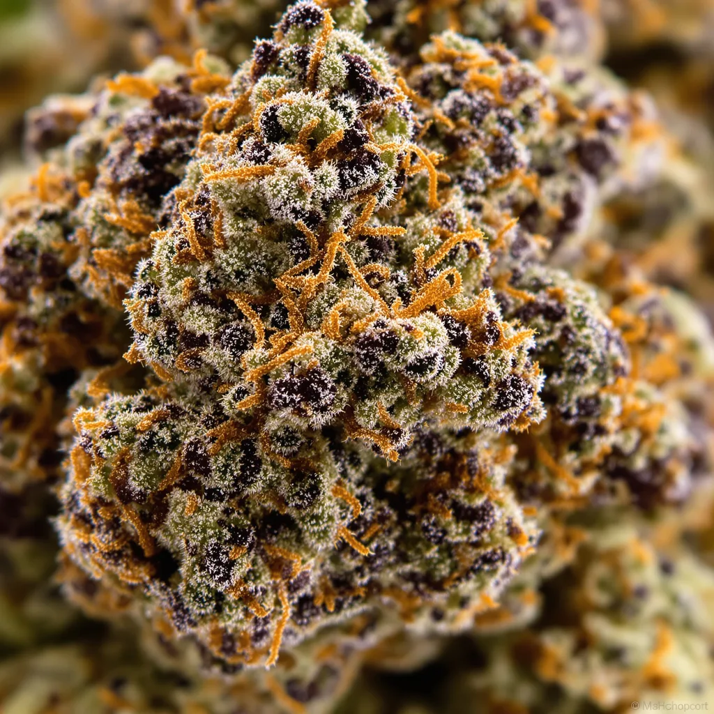 Cowboy Kush cannabis bud close-up showing dense purple-tinged calyxes
