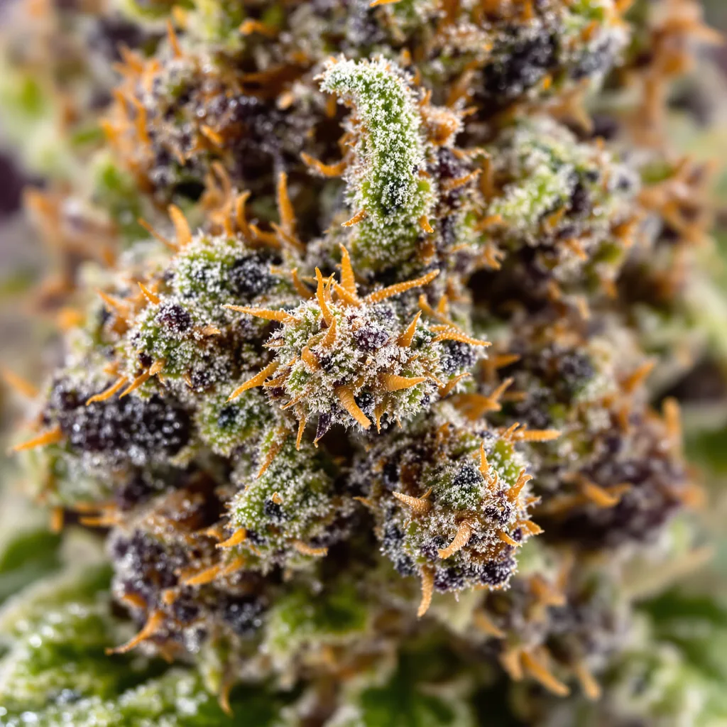 Critical Glue cannabis bud close-up showing dense purple-tinged calyxes