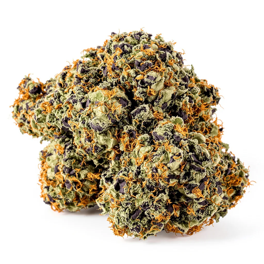 Critical Purple 70% indica / 30% sativa flower with visible trichomes