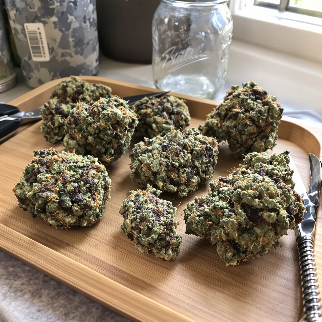 Critical Purple 70% indica / 30% sativa flower with visible trichomes