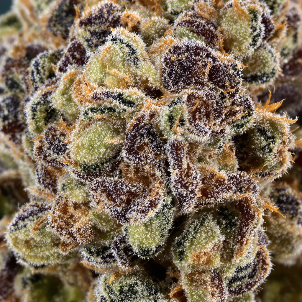 Critical Skunk cannabis bud close-up showing dense purple-tinged calyxes
