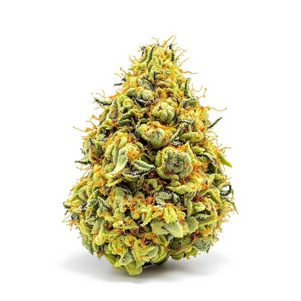 Crystal Coma 18% indica / 82% sativa flower with visible trichomes