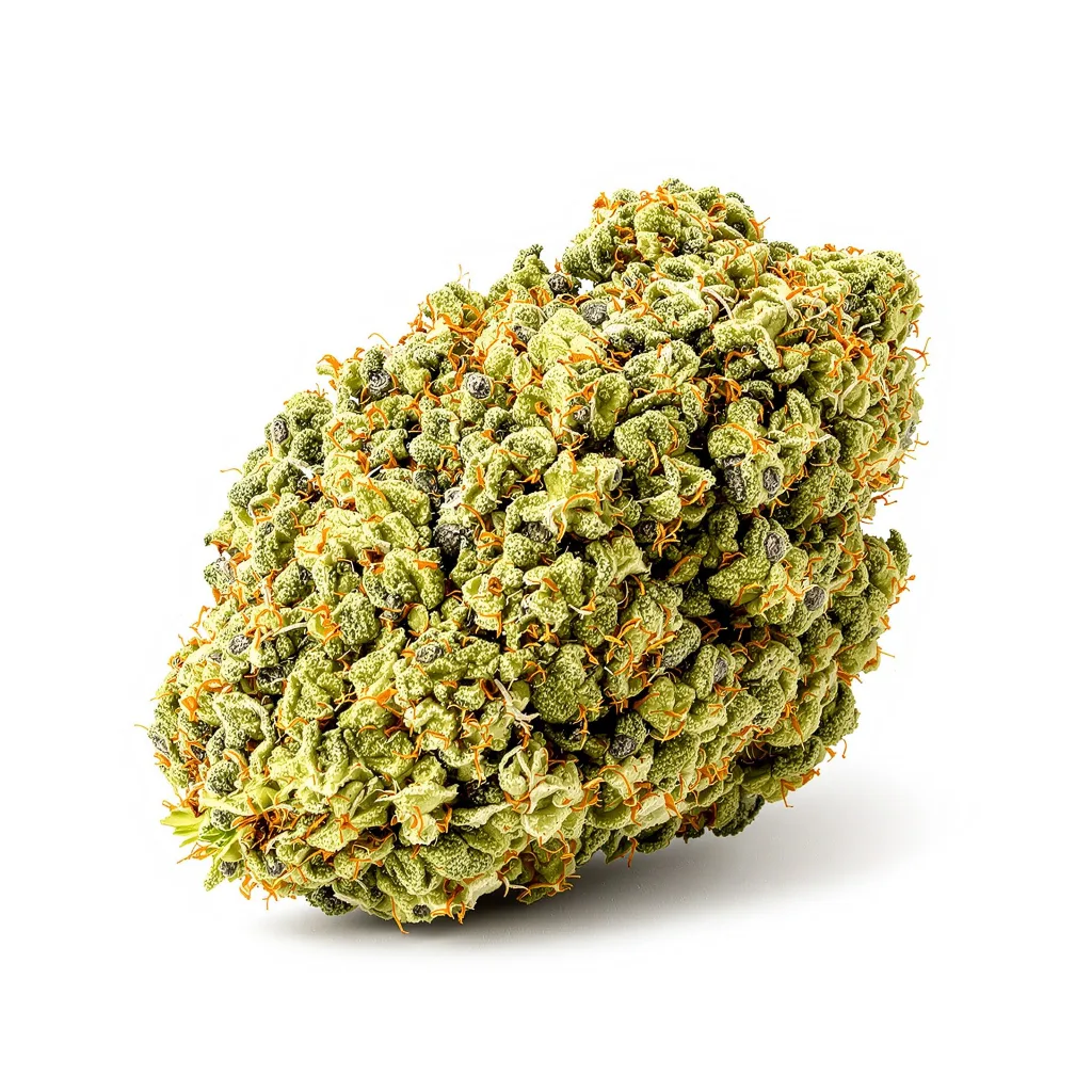 Crystal Coma 18% indica / 82% sativa flower with visible trichomes