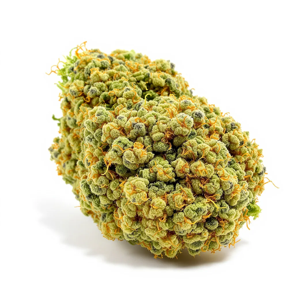 Damnesia 16% indica / 84% sativa flower with visible trichomes