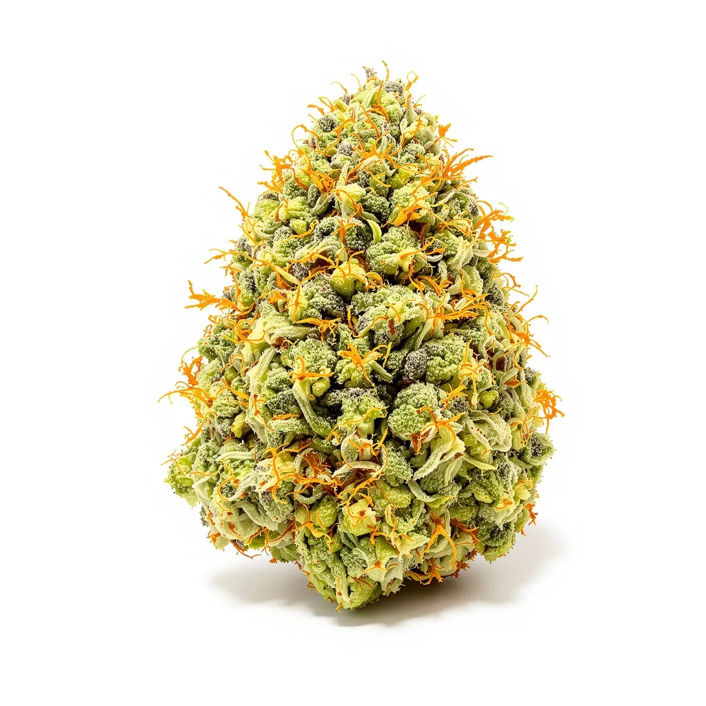 Damnesia 16% indica / 84% sativa flower with visible trichomes