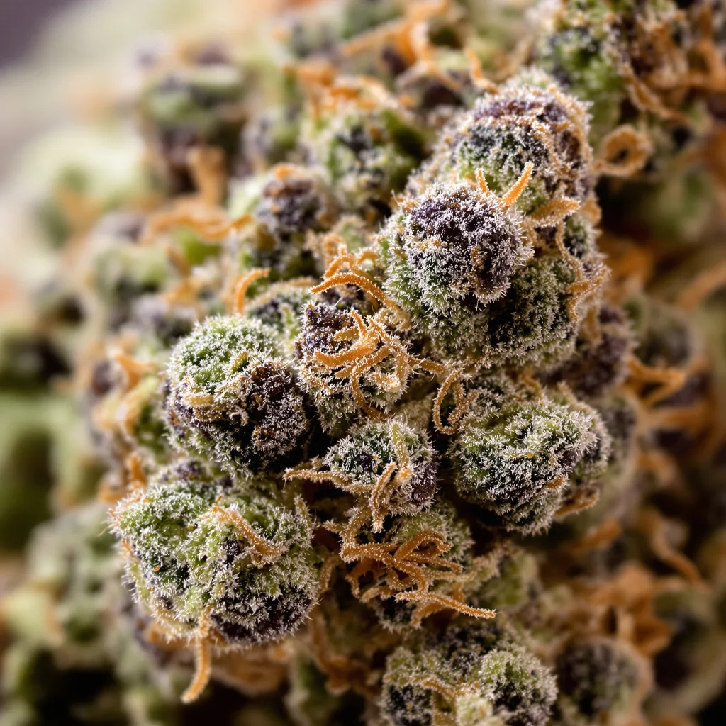 Dawgfather OG cannabis bud close-up showing dense purple-tinged calyxes