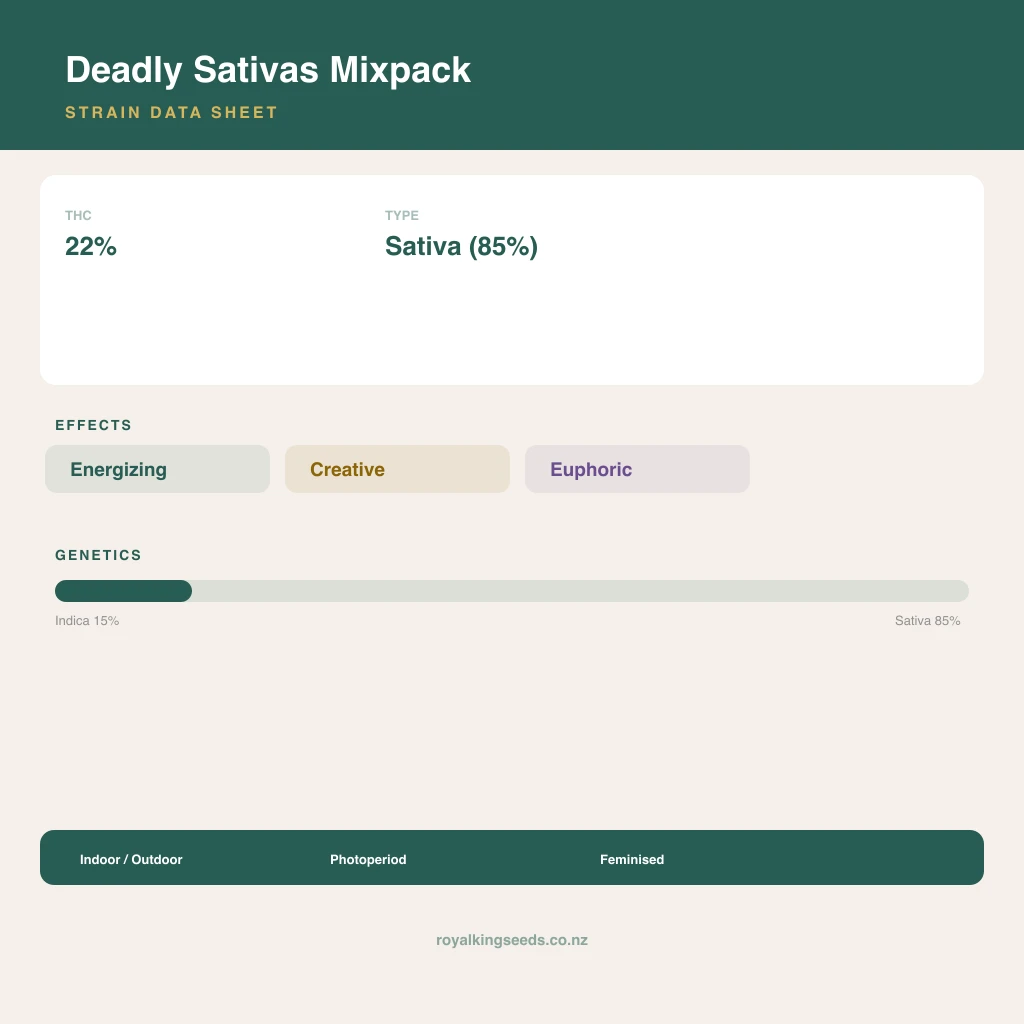 Deadly Sativas Mixpack 15% indica / 85% sativa flower with visible trichomes
