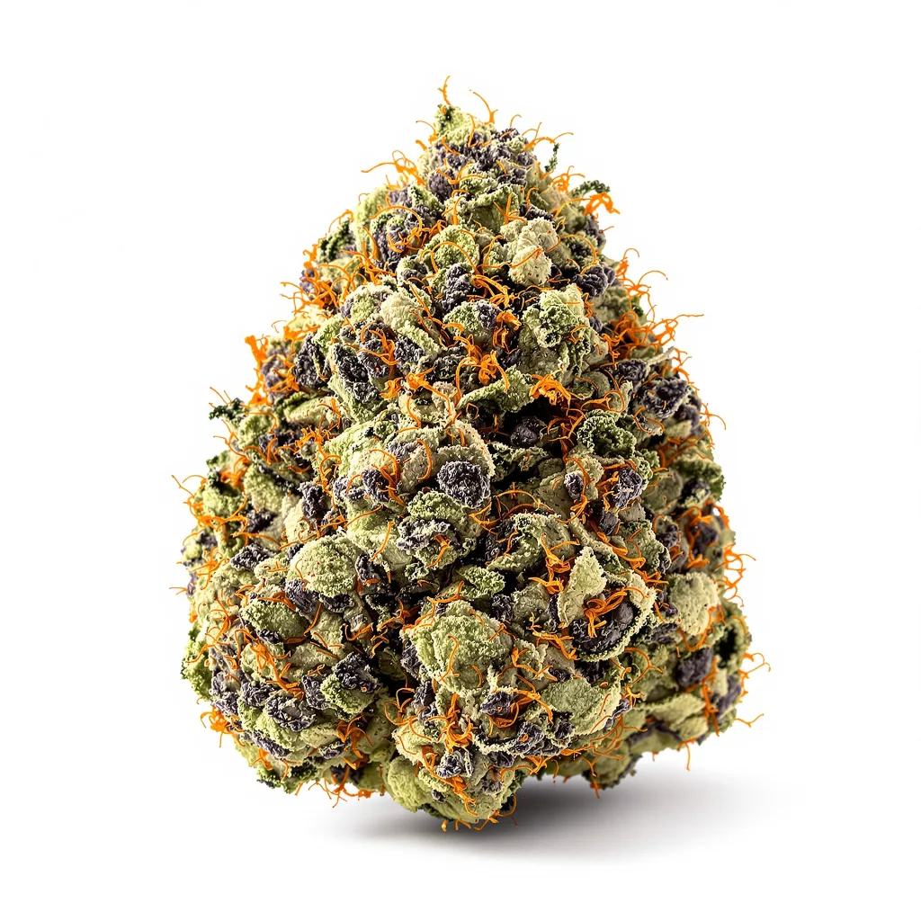 Death Bubba 70% indica / 30% sativa flower with visible trichomes