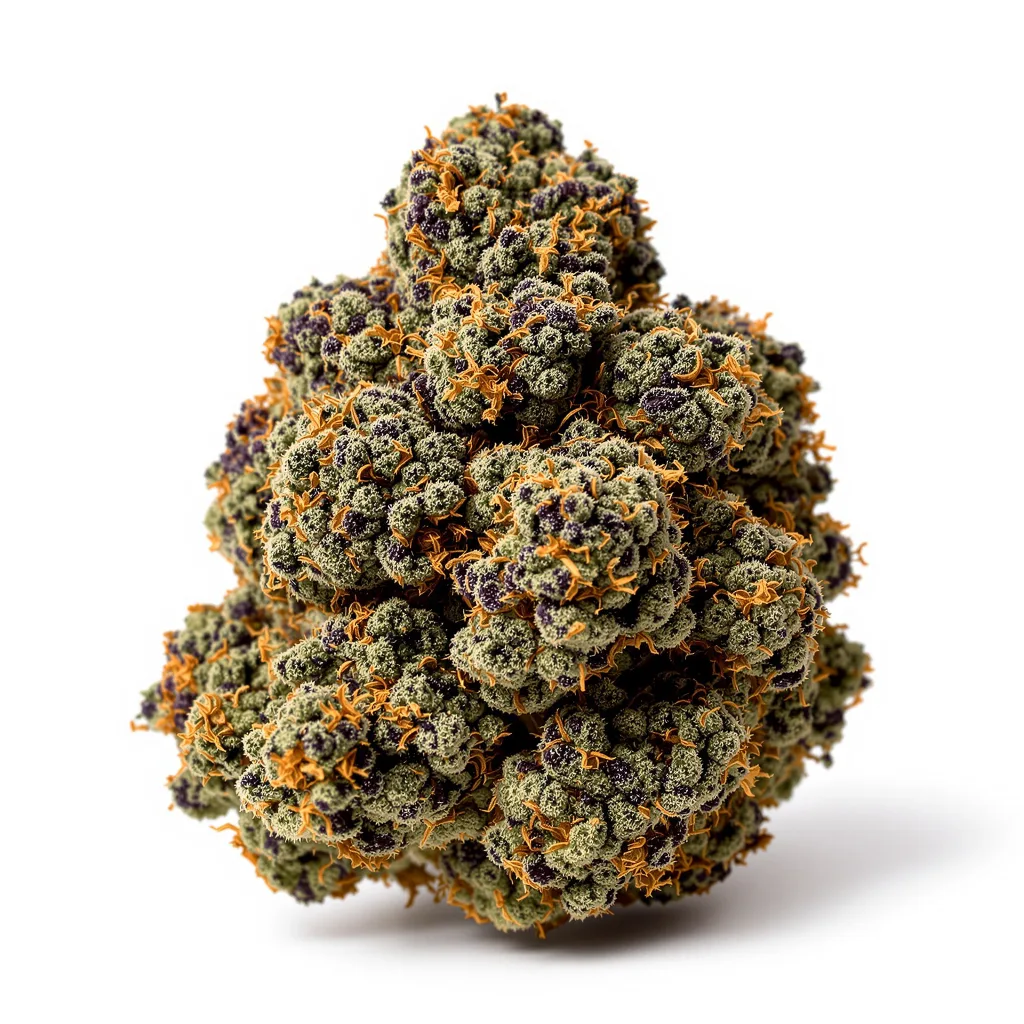 Deep Purple 70% indica / 20% sativa flower with visible trichomes