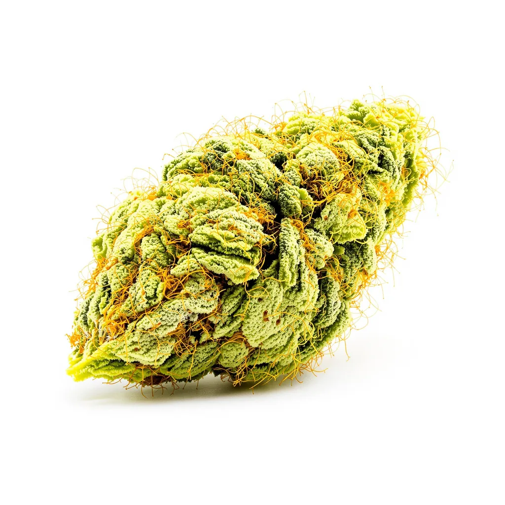 Diesel Duff 21% indica / 79% sativa flower with visible trichomes