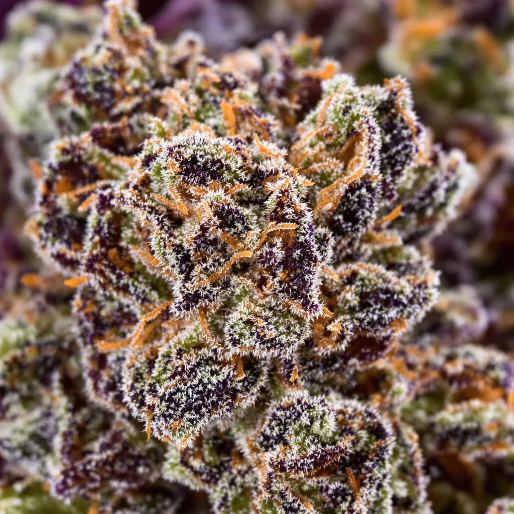 DJ Short Blueberry cannabis bud close-up showing dense purple-tinged calyxes