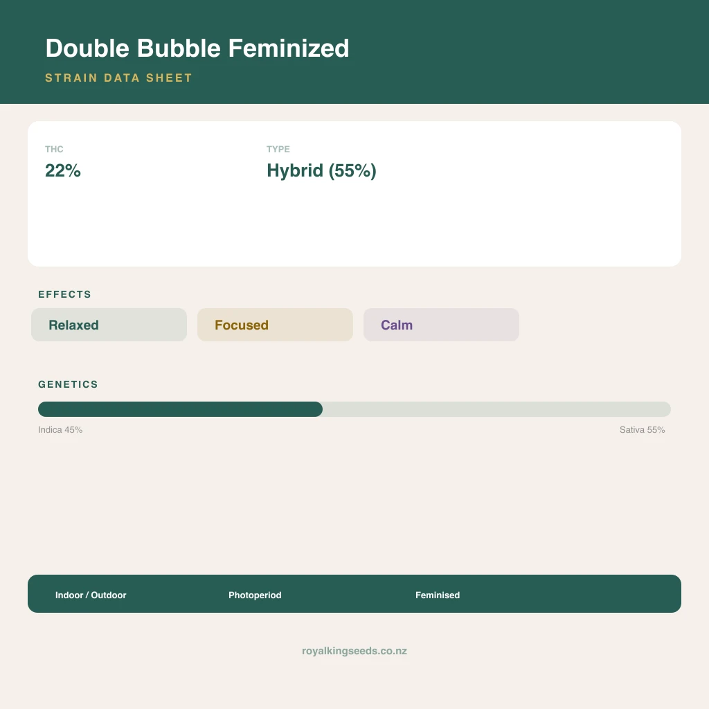Double Bubble 45% indica / 55% sativa flower with visible trichomes