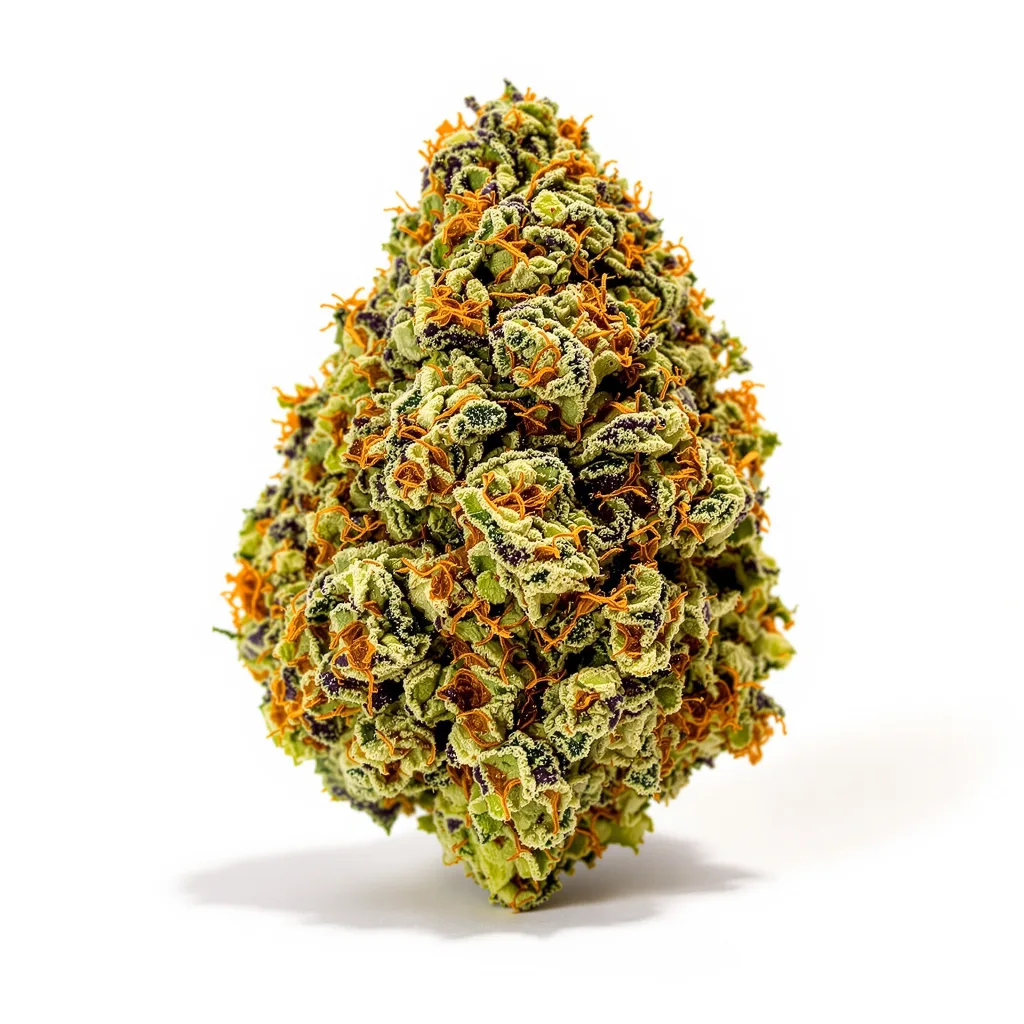 Double Purple Doja 68% indica / 32% sativa flower with visible trichomes