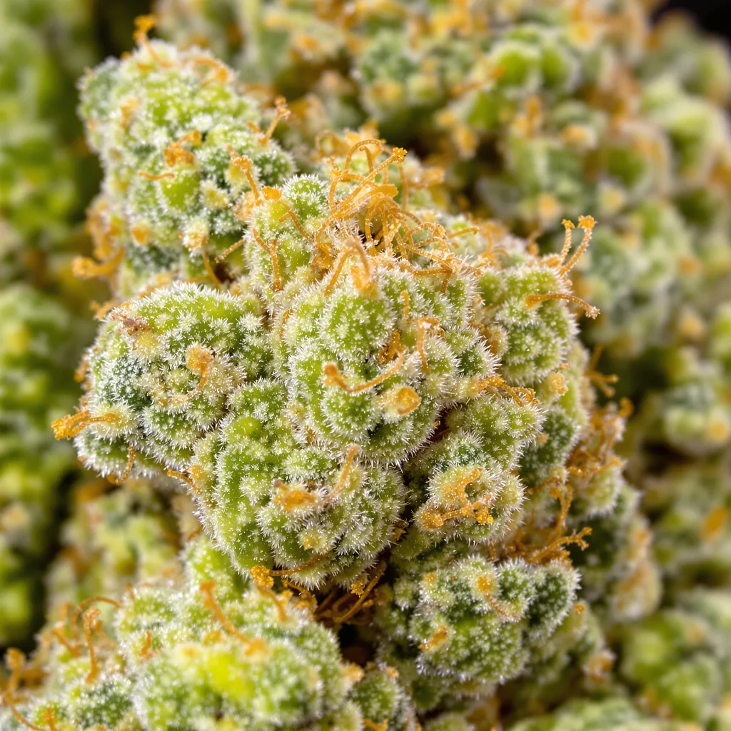 Durban Poison cannabis bud close-up showing lime-green airy structure