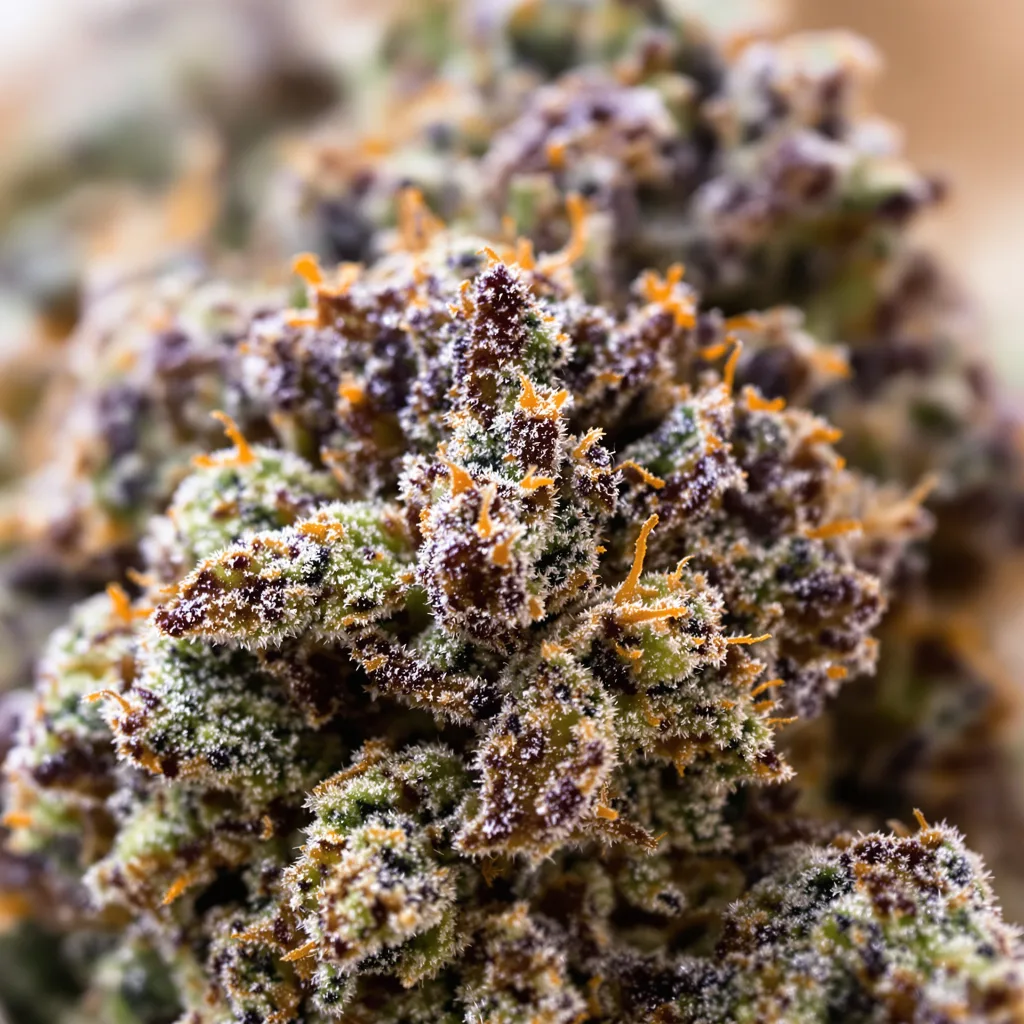 Dutch Kush cannabis bud close-up showing dense purple-tinged calyxes
