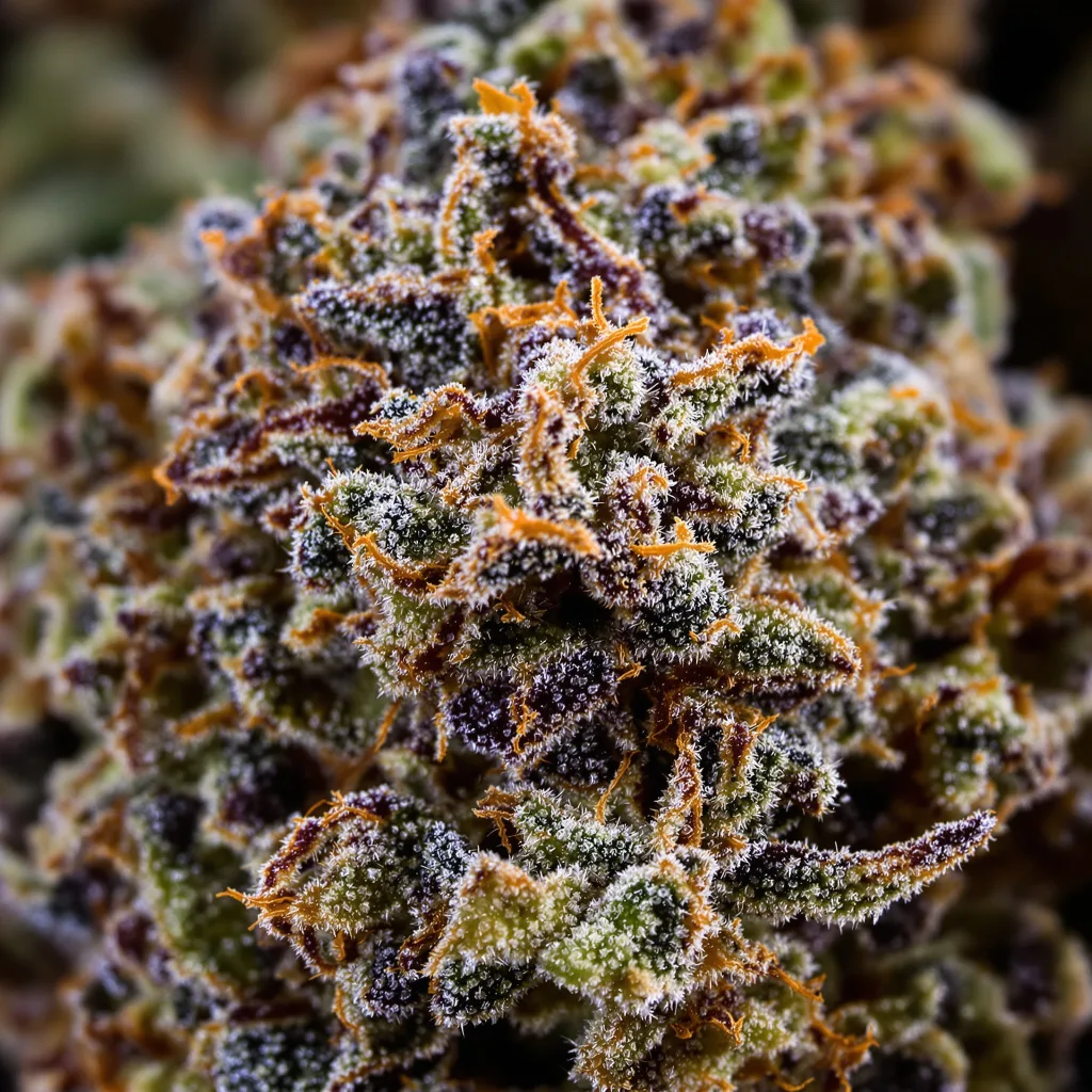 Enemy of the State cannabis bud close-up showing dense purple-tinged calyxes