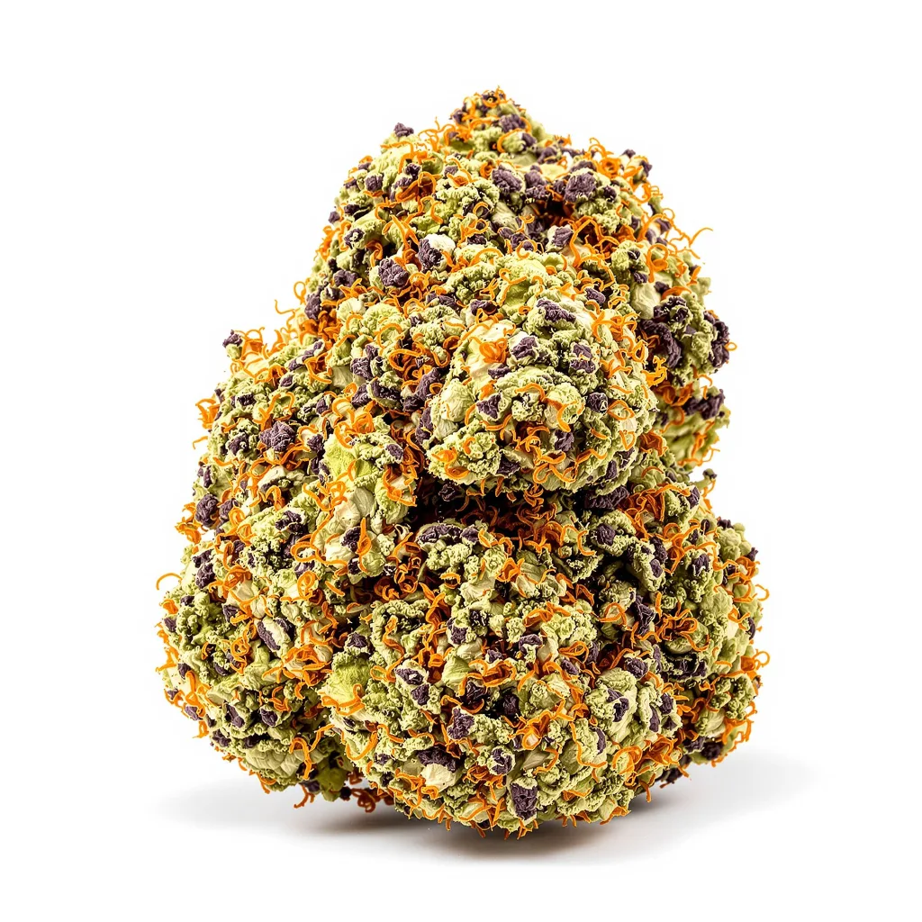 Face Off OG 75% indica / 25% sativa flower with visible trichomes