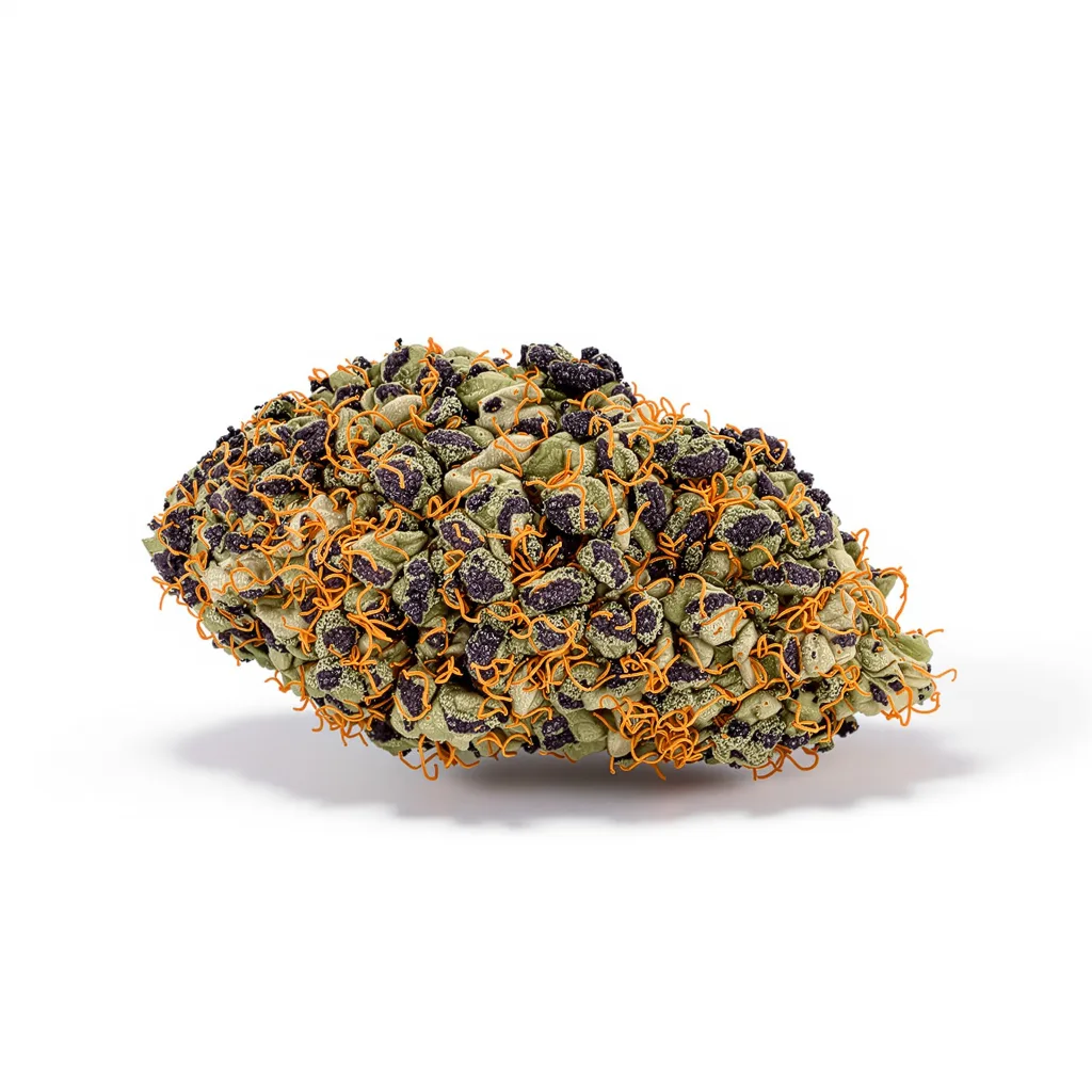 Fat Purple 74% indica / 26% sativa flower with visible trichomes