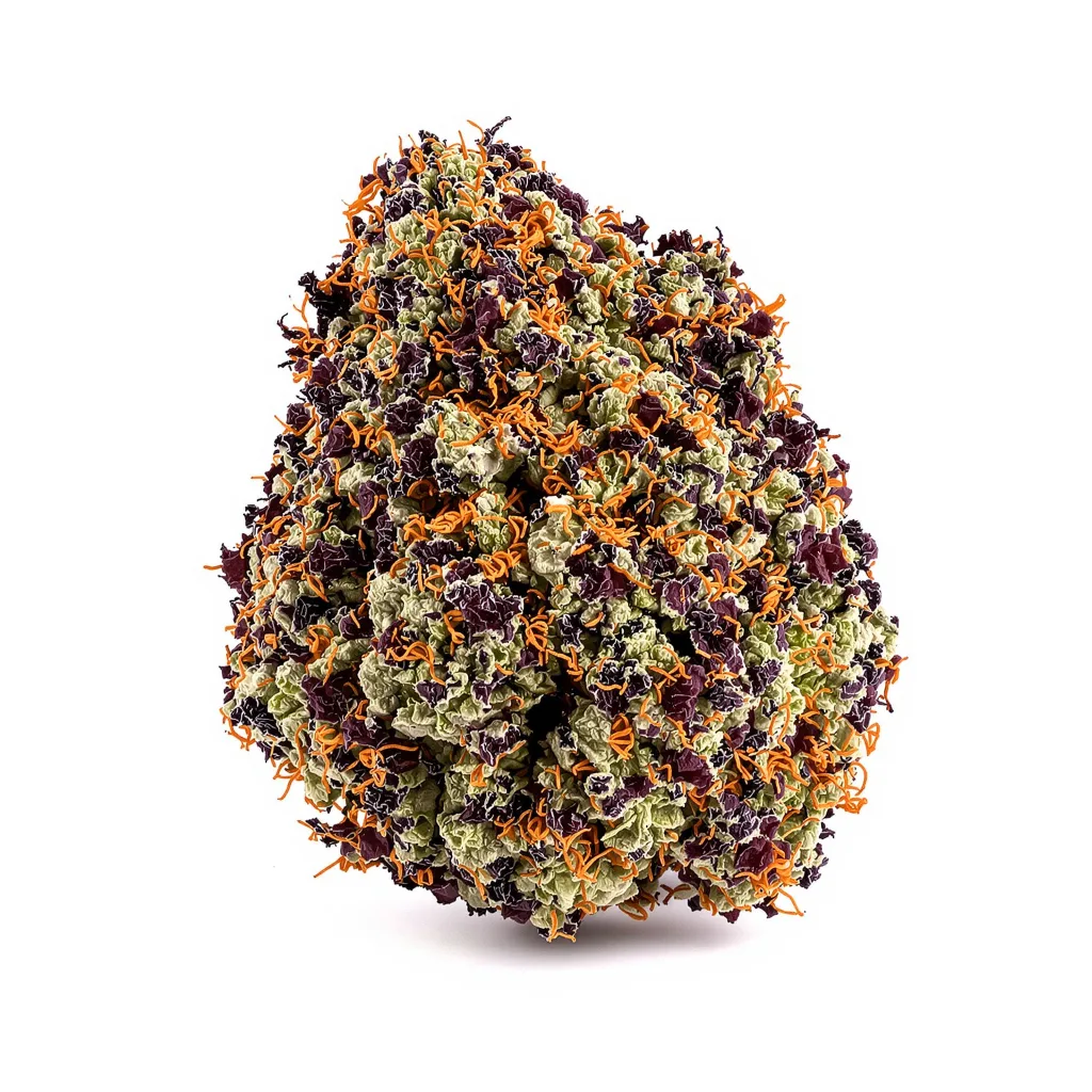 Flo OG 71% indica / 29% sativa flower with visible trichomes