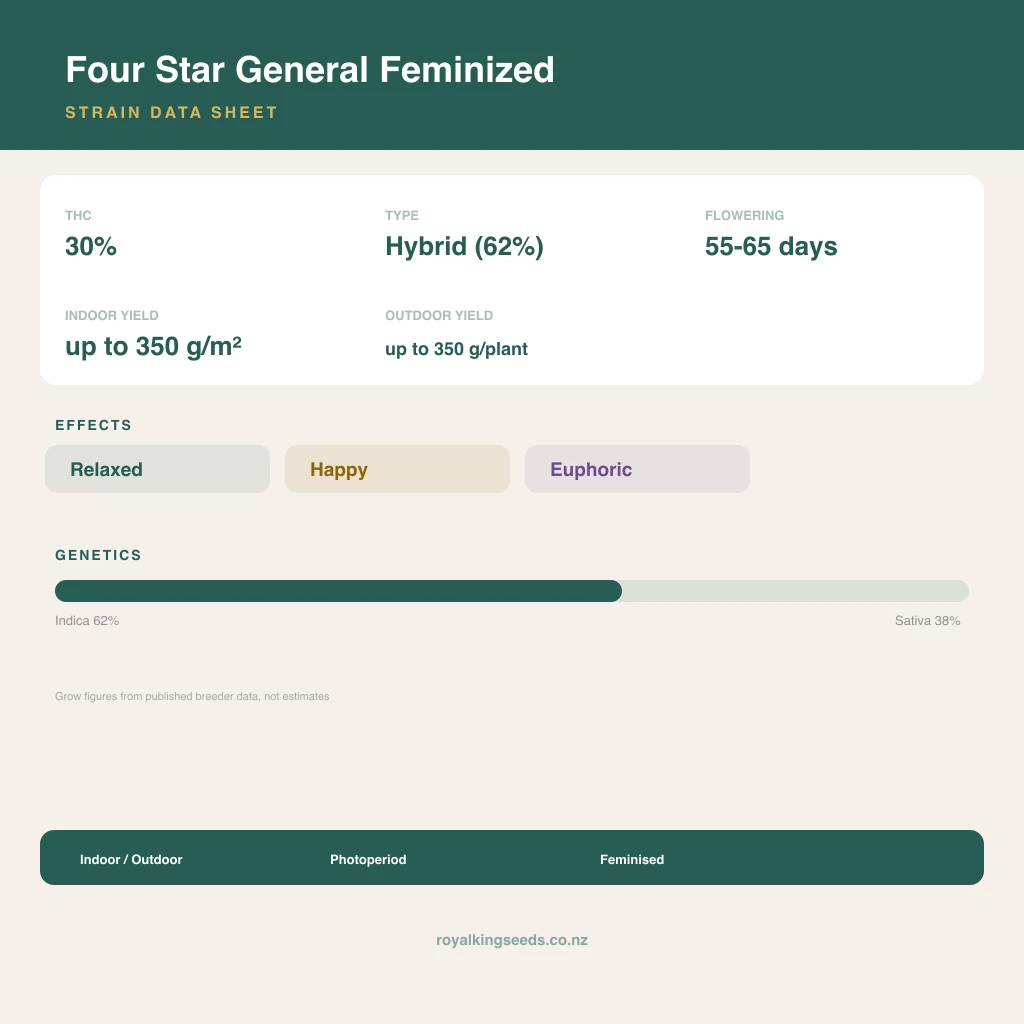 Four Star General 62% indica / 38% sativa flower with visible trichomes