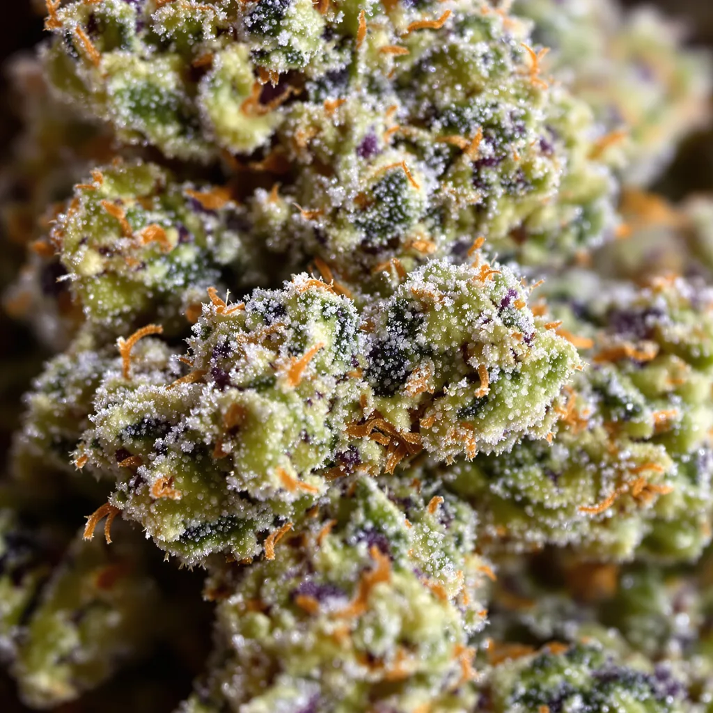 French Cookies cannabis bud close-up showing balanced bud structure with frosted trichomes