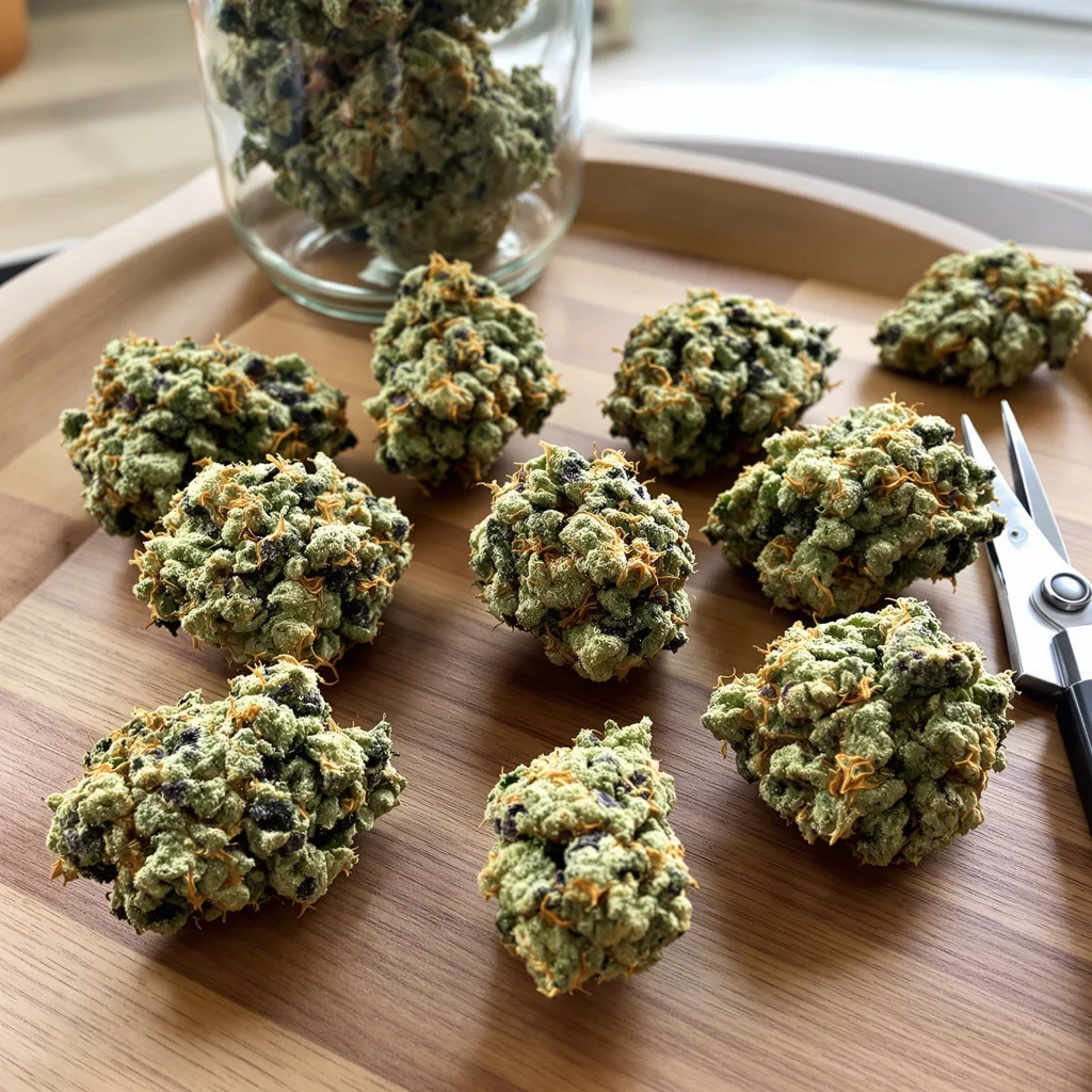 French Toast 61% indica / 39% sativa flower with visible trichomes
