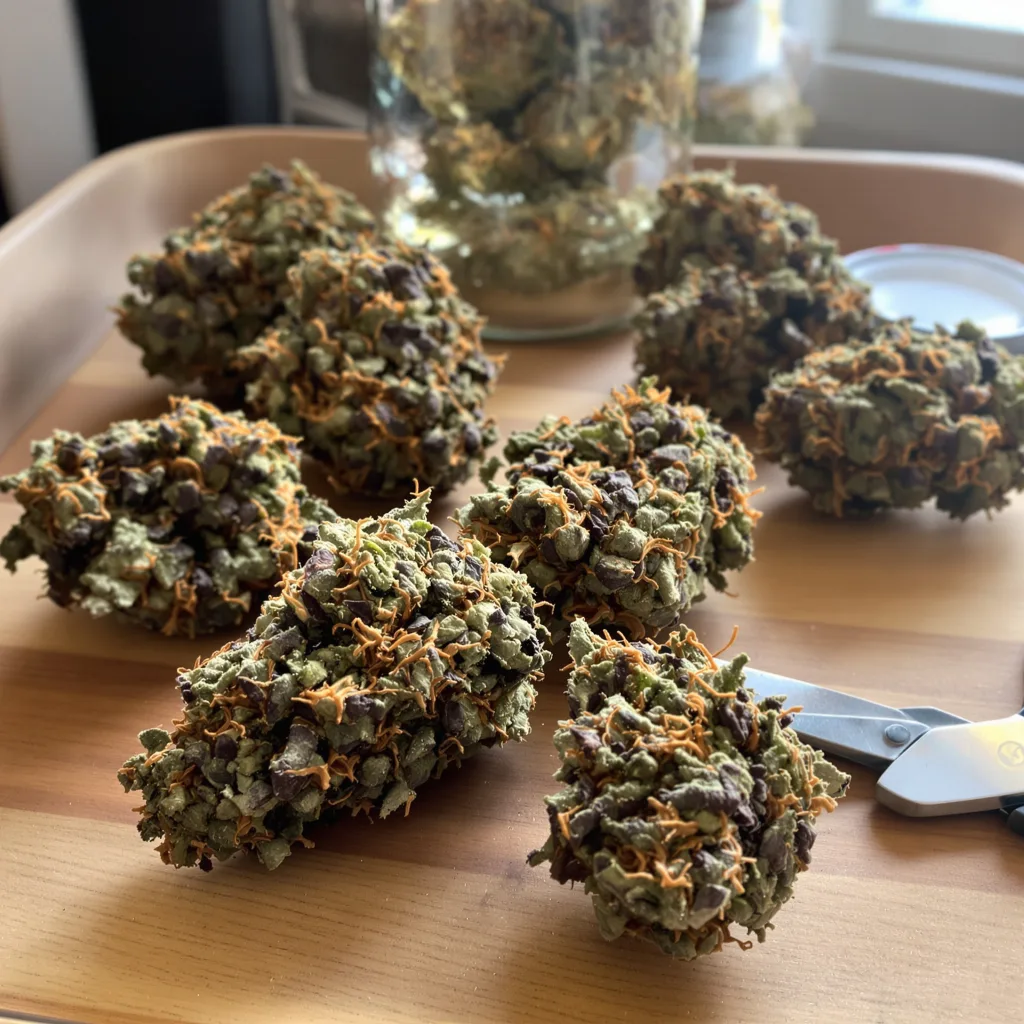 Fresh Cookies 73% indica / 27% sativa flower with visible trichomes