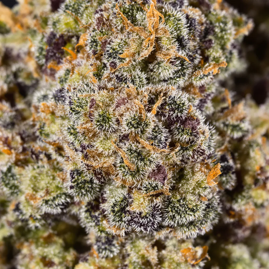 Fresh Cookies cannabis bud close-up showing dense purple-tinged calyxes