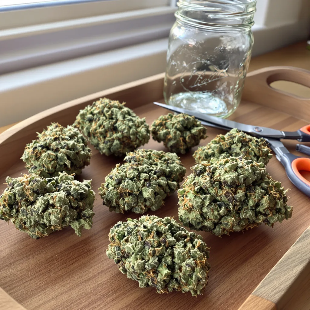 Fresh Powder 43% indica / 57% sativa flower with visible trichomes