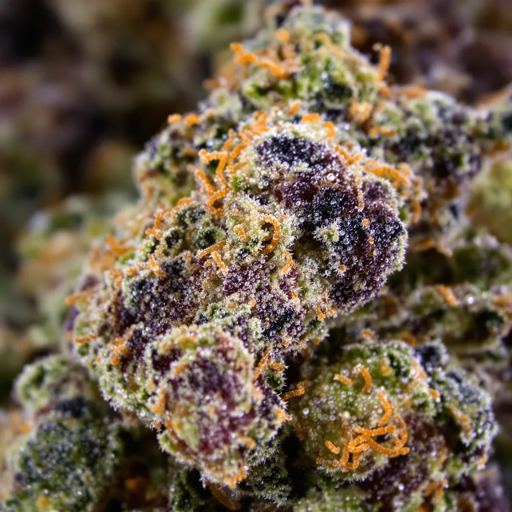 Fruity Chronic Juice cannabis bud close-up showing dense purple-tinged calyxes