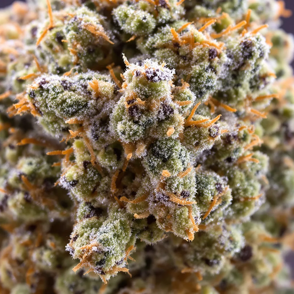 G.O.A.T Mixpack cannabis bud close-up showing balanced bud structure with frosted trichomes