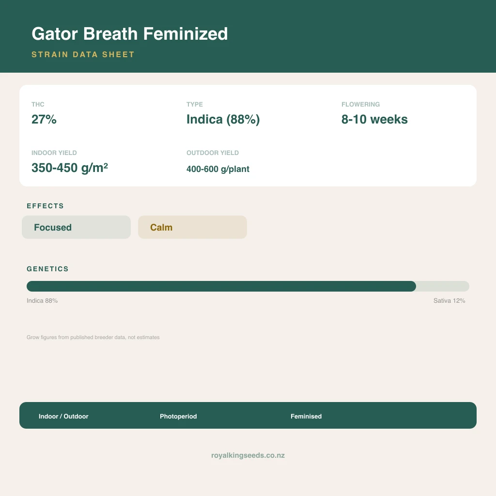 Gator Breath 88% indica / 12% sativa flower with visible trichomes