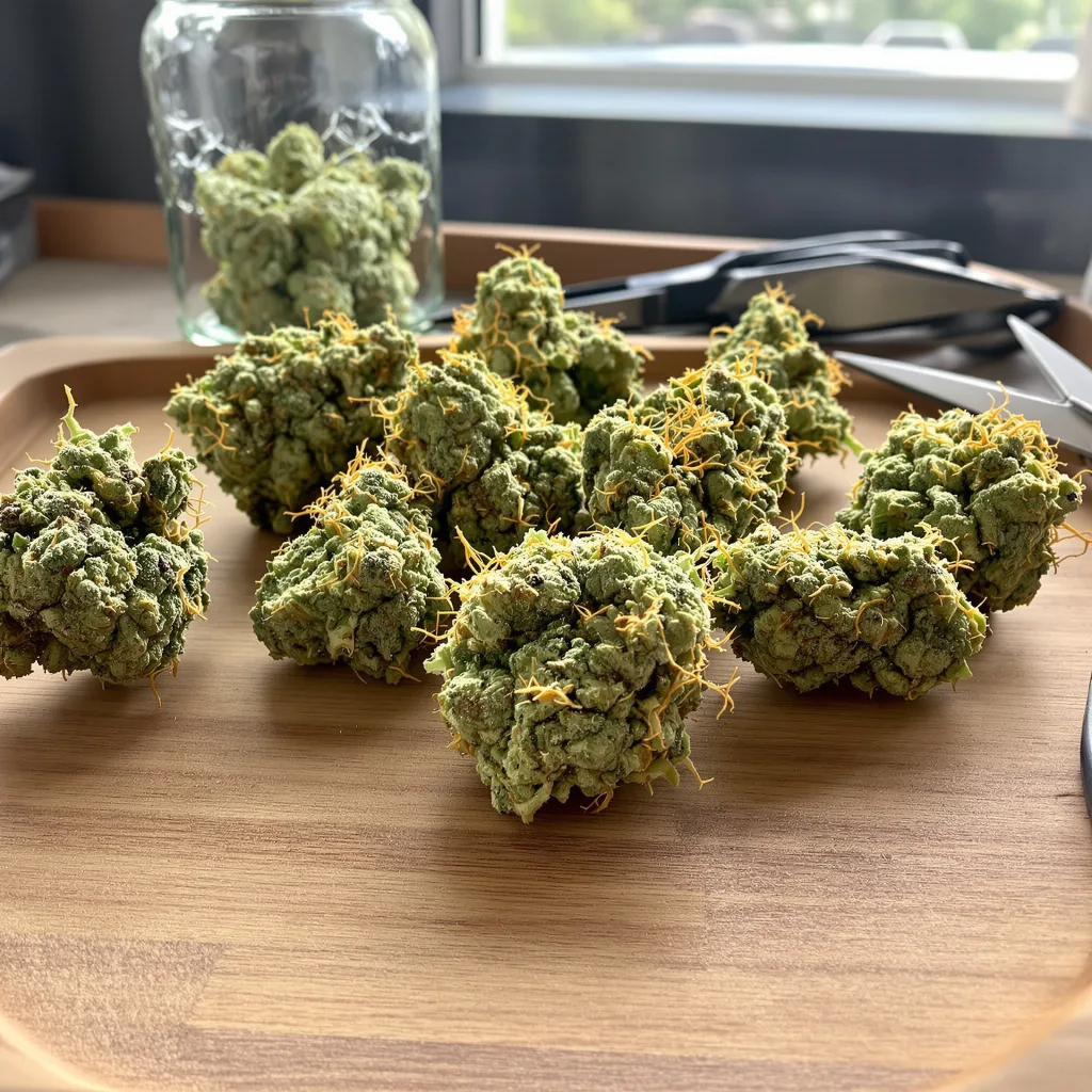 Gelato Cake 6% indica / 94% sativa flower with visible trichomes